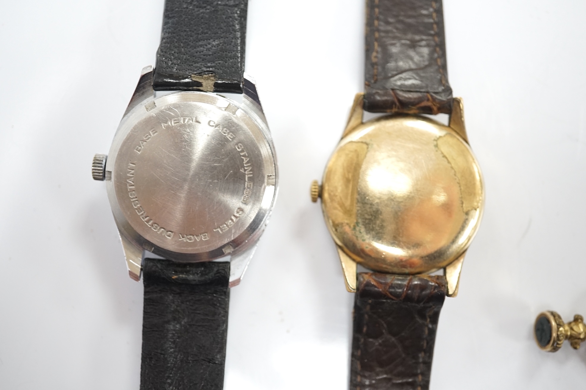 Assorted jewellery including a George V 9ct gold mounted cigar cutter, stick pin and propelling pencil and two gentleman's wrist watches, Tissot and Mickey Mouse. Condition - poor to fair